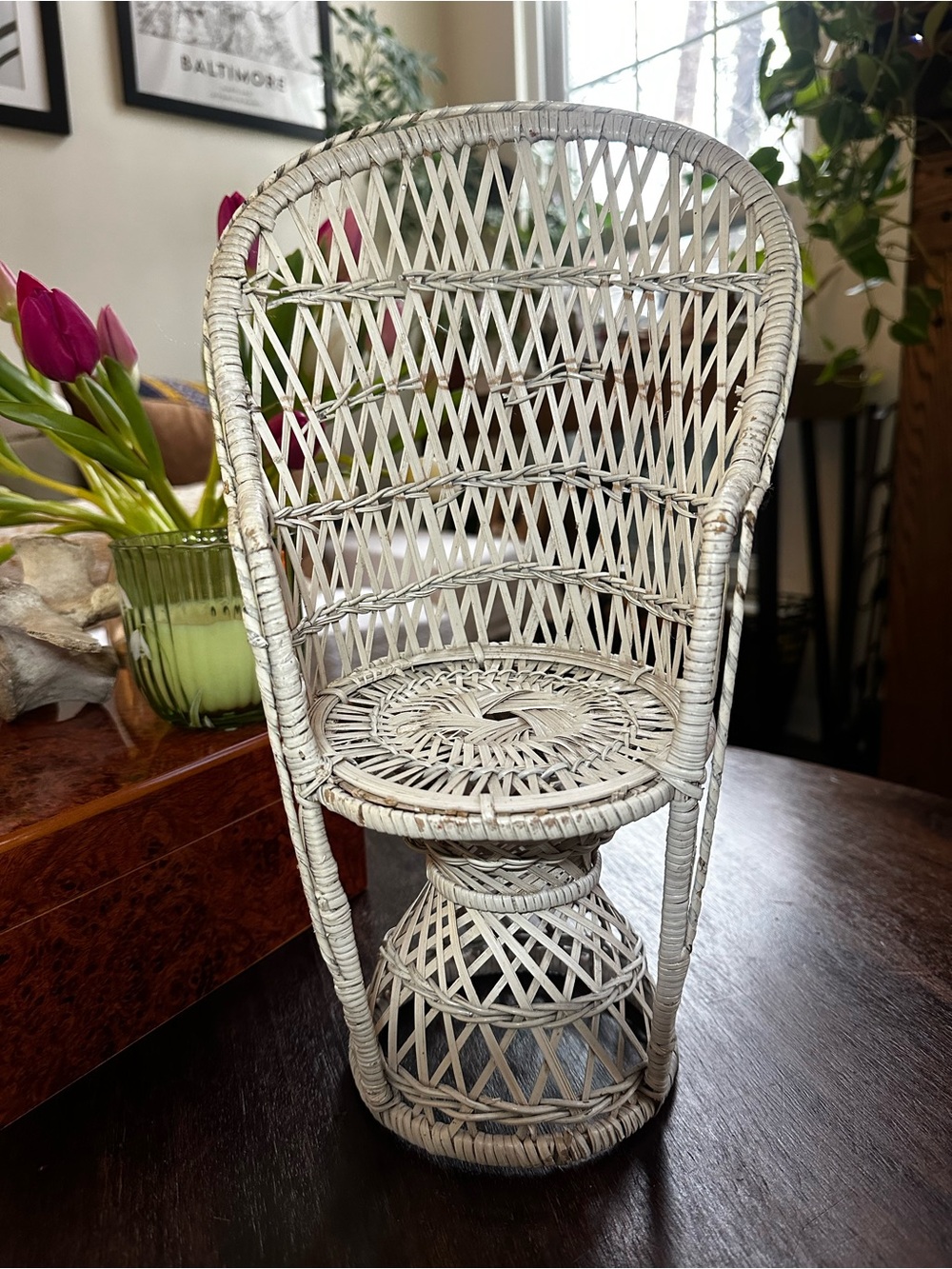 White Wicker Peacock Chair Accent- Doll